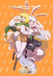 2girls :3 animal_ears birthday black_shoes black_skirt blonde_hair boots breasts brown_boots brown_eyes cape carrot carrot_(one_piece) character_name chibi chibi_inset commentary cross-laced_slit dated dress dual_persona english_commentary full_body green_cape happy_birthday heart highres large_breasts long_hair looking_at_viewer medium_hair multiple_girls ninnnnnnnjin one_eye_closed one_piece open_mouth orange_background orange_dress rabbit_ears rabbit_girl rabbit_tail red_eyes shirt shoes skirt tail transformation twitter_username very_long_hair white_fur white_hair white_shirt