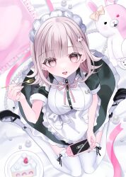 Rule 34 | 1girl, :d, black dress, black shoes, bow, breasts, brown hair, cake, diaper, dress, ear bow, food, from above, galaga, hanahusa, handheld game console, highres, holding, holding handheld game console, large breasts, maid, maid headdress, medium breasts, medium hair, monomi (danganronpa), nanami chiaki, neck ribbon, official alternate costume, open mouth, pink eyes, pink ribbon, plate, ribbon, shoes, short sleeves, smile, spaceship hair ornament, strawberry shortcake, thighhighs, white thighhighs