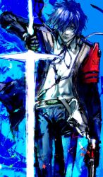 Rule 34 | 1boy, blue hair, digital media player, digital walkman, earphones removed, evoker, gekkoukan high school uniform, headphones, highres, holding, holding sword, holding weapon, kyezzzz, male focus, persona, persona 3, persona 3 reload, s.e.e.s, school uniform, solo, sword, walkman nw-s203f, weapon, yuuki makoto (persona 3)