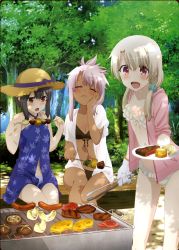 3girls absurdres alternate_hairstyle bikini bikini_under_clothes black_hair blush breasts casual chloe_von_einzbern closed_eyes cooking dark-skinned_female dark_skin eating fate/kaleid_liner_prisma_illya fate_(series) food grill grilling hair_ornament hairclip hat highres hiroyama_hiroshi illyasviel_von_einzbern jacket long_hair looking_at_viewer miyu_edelfelt multiple_girls navel official_art open_mouth pink_hair plate red_eyes scrunchie small_breasts smile straw_hat swimsuit white_hair yellow_eyes