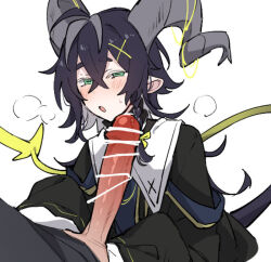 2boys azuma_shino black_hair black_shirt blush curled_horns green_eyes heavy_breathing horns imminent_fellatio large_penis long_sleeves multiple_boys open_mouth original penis pointy_ears shirt simple_background slit_pupils sunny_(azuma_shino) sweat tail trap white_background