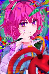 absurdres black_hairband blouse blue_shirt buttons colorful eyeball frilled_shirt_collar frilled_sleeves frills hair_ornament hairband heart heart_button heart_hair_ornament highres hirwannew komeiji_satori pink_eyes pink_hair pink_skirt ribbon-trimmed_collar ribbon_trim shirt skirt subterranean_animism third_eye touhou wide_sleeves