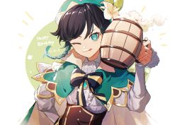 1boy alcohol aoiro_oto beer beer_mug beret black_hair bow braid cape cup flower foam foam_mustache genshin_impact green_hair green_hat hair_between_eyes hat highres holding holding_cup long_sleeves looking_at_viewer male_focus mug multicolored_hair one_eye_closed simple_background solo twin_braids venti_(genshin_impact) white_flower
