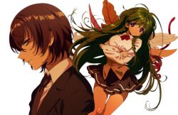 1boy 1girl angel_wings braid brown_eyes brown_hair collared_shirt formal_clothes green_hair hitomi_hirosuke_(sayonara_wo_oshiete) leaf_wings long_hair necktie plant_wings purple_eyes sayonara_wo_oshiete school_uniform shirt shulliy_baudelair side_braids skirt sugamo_mutsuki suit underbust vest wings