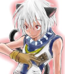 1boy animal_ears blue_shirt brown_gloves card cat_boy cat_ears cat_tail closed_mouth commentary_request cross cross_print eye_print gloves holding holding_card koma_mama looking_afar lowres male_focus ragnarok_online red_eyes shirt short_hair sleeveless sleeveless_shirt smile solo super_novice_(ragnarok_online) tail turtleneck turtleneck_shirt two-tone_shirt upper_body white_background white_hair white_shirt