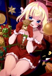 1girl absurdres bare_shoulders black_cat blonde_hair blue_eyes blush breasts cat christmas christmas_ornaments christmas_present christmas_tree dress fur-trimmed_dress fur-trimmed_gloves fur_trim gift gloves highres holding holding_stuffed_toy indoors kano3 looking_at_viewer millie_parfait nijisanji nijisanji_en off-shoulder_dress off_shoulder open_mouth red_dress red_gloves santa_costume santa_dress santa_gloves sitting small_breasts solo stuffed_toy virtual_youtuber