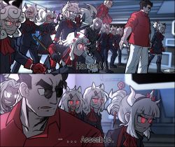6+girls alternate_costume avengers:_endgame avengers_(series) beelzebub_(helltaker) boots cerberus_(helltaker) chain ddolbang demon_girl demon_horns demon_tail fighting_stance gloves grin helltaker helltaker_(character) highres horns judgement_(helltaker) justice_(helltaker) knee_boots lucifer_(helltaker) maid malina_(helltaker) marvel marvel_cinematic_universe modeus_(helltaker) multiple_girls pandemonica_(helltaker) parody portal_(object) red_eyes red_shirt shirt smile tail white_hair zdrada_(helltaker)