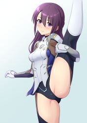 1girl absurdres alice_gear_aegis blue_background blush bodysuit breasts closed_mouth gloves gradient_background hair_between_eyes highres hutokumi leg_up leotard long_hair looking_at_viewer nikotama_mai purple_eyes purple_hair simple_background small_breasts smile solo split standing standing_on_one_leg standing_split thighs white_background white_gloves