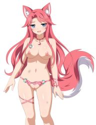 1girl animal_ears bikini blush breasts bruise fox_ears fox_girl fox_tail game_cg injury jewelry long_hair navel necklace nipples nude sakura_dungeon shiny_skin swimsuit tail yomi_(sakura_dungeon)