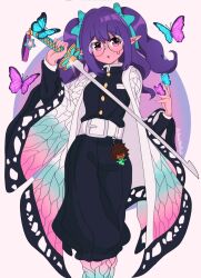 Rule 34 | 1girl, belt, cosplay, female focus, fumo (doll), glasses, green ribbon, haori, highres, japanese clothes, joshuathefruit, katana, kimetsu no yaiba, kochou shinobu, kochou shinobu (cosplay), looking at viewer, orange eyes, pointy ears, purple hair, ribbon, robe, round eyewear, shin subarashiki kono sekai, solo, subarashiki kono sekai, sword, twintails, usui nagi, weapon