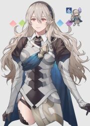 Rule 34 | 1girl, ai tkkm, armor, black gloves, black hairband, black panties, black shirt, breasts, female corrin (fire emblem), fire emblem, fire emblem fates, fire emblem heroes, gloves, grey hair, hair between eyes, hairband, highres, long hair, looking at viewer, medium breasts, nintendo, panties, pointy ears, red eyes, shirt, simple background, smile, standing, thighs, underwear, white background