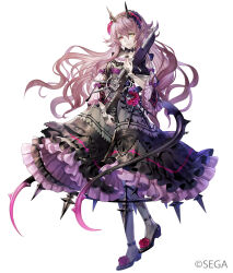 1girl ankle_garter assault_rifle black_hairband breasts collarbone demon_horns dress flower flower_tattoo frills gothic_lolita gun hair_between_eyes hair_flower hair_ornament hairband heterochromia high_heels holding holding_gun holding_weapon horns idola_phantasy_star_saga lolita_fashion long_hair medium_breasts odette_(idola) official_art pantyhose petticoat phantasy_star phantasy_star_online_2 pink_eyes pink_flower pink_hair pink_rose rifle rose senano-yu smile solo tachi-e tattoo very_long_hair weapon yellow_eyes