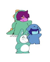 1boy 1girl 1other animal_costume animal_ears artist_name blue_hair blue_skin blush chibi closed_mouth colored_skin deltarune dinosaur_costume dinosaur_girl dinosaur_tail dog_costume dog_ears furry furry_female furry_male goat_boy highres kris_(deltarune) miz7xf onesie pink_hair pink_skin rabbit_costume rabbit_ears ralsei round_eyewear smile susie_(dark_world)_(deltarune) susie_(deltarune) tail white_background