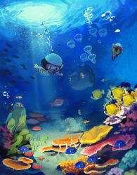 1boy 1girl air_bubble algae animal_crossing animal_ears animal_nose artist_name beanie black_eyes black_hair blue_shorts bubble butterflyfish casual_one-piece_swimsuit clownfish coral crustacean dappled_sunlight diving diving_mask fish furry garden_eel giant_isopod goggles hat highres isopod jellyfish kuroda_(kuro_yyy) medium_hair mussel nature nintendo ocean_sunfish one-piece_swimsuit pascal_(animal_crossing) red_snapper rock sea_anemone sea_cucumber sea_grapes sea_otter sea_slug sea_sponge sea_urchin seafloor seahorse shorts signature snorkel spines starfish striped_clothes striped_one-piece_swimsuit sunlight surgeonfish swim_cap swimming swimsuit villager_(animal_crossing) white_hat yellow_one-piece_swimsuit