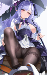 Rule 34 | 1girl, bangboo (zenless zone zero), black nails, black pantyhose, blush, breast curtains, closed mouth, cyicheng, hair ribbon, holding, holding umbrella, long hair, long sleeves, looking at viewer, mole, mole under eye, multicolored hair, nail polish, pantyhose, pointy ears, purple hair, red eyes, ribbon, simple background, smile, solo, streaked hair, thighband pantyhose, thighs, umbrella, vivian banshee, white background, white hair, zenless zone zero