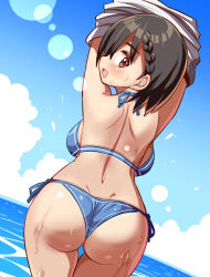 Rule 34 | 1girl, ass, ass focus, backboob, bare shoulders, bikini, black hair, blush, breasts, brown eyes, cougar (cougar1404), dimples of venus, from behind, large breasts, looking at viewer, looking back, open mouth, original, short hair, smile, solo, sweat, swimsuit
