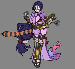 1girl absurdres armor blush bodysuit breasts curvy fate/grand_order fate_(series) fingerless_gloves gloves hair_between_eyes hair_ornament highres huge_breasts japanese_armor kote long_hair low-tied_long_hair minamoto_no_raikou_(fate) parted_bangs purple_bodysuit purple_eyes purple_hair red_rope ribbed_sleeves rope sandals scabbard sheath smile tabard thick_eyebrows very_long_hair waa153