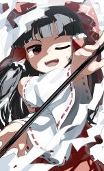 1girl ;d black_hair bow crossed_arms detached_sleeves frilled_bow frills gohei hair_bow hair_tubes hakurei_reimu highres long_hair long_sleeves looking_at_viewer monosenbei one_eye_closed open_mouth red_bow red_eyes red_skirt ribbon-trimmed_sleeves ribbon_trim skirt small_sweatdrop smile solo sweat touhou v-shaped_eyebrows very_long_hair white_background white_sleeves wide_sleeves