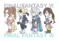 2boys 2girls aerith_gainsborough bare_shoulders blonde_hair blue_eyes brown_eyes brown_hair cape chibi chibi_only cloud_strife commentary_request cosplay detached_sleeves earrings edgar_roni_figaro edgar_roni_figaro_(cosplay) english_text final_fantasy final_fantasy_vi final_fantasy_vii final_fantasy_vii_ever_crisis gloves grey_hair in-franchise_crossover jewelry locke_cole locke_cole_(cosplay) long_bangs long_hair multiple_boys multiple_girls no_mouth pantyhose parody parted_bangs ponytail ribbon sabin_rene_figaro sabin_rene_figaro_(cosplay) sakurai_itachi sephiroth sephiroth_(ever_crisis) short_hair style_parody terra_branford_(cosplay) tifa_lockhart tina_branford