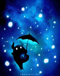 blue_fire english_text fire glowing highres holding holding_umbrella horns hoshikui night night_sky no_humans original shoutarou_(shoutarotttt) sky solo space star_(sky) star_(symbol) starry_sky umbrella