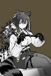 1girl animal_ear_piercing animal_ears arknights barcode barcode_tattoo brown_background chinese_commentary closed_mouth commentary_request cowboy_shot freckles hair_between_eyes highres holding holding_weapon knife leg_tattoo long_hair long_sleeves looking_at_viewer pantyhose partial_commentary partially_colored piaoliu_ping_ping_ping_pingzi robin_(arknights) shirt shorts simple_background sitting solo tail tattoo thigh_strap weapon yellow_eyes