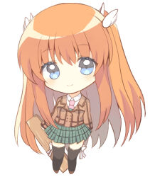 1girl aiyan arms_at_sides black_thighhighs blue_eyes brown_jacket chibi closed_mouth commentary_request eyes_visible_through_hair green_skirt hair_between_eyes hair_ornament jacket light_blush long_hair long_sleeves looking_at_viewer miniskirt ootori_chihaya orange_hair plaid_clothes plaid_skirt pleated_skirt rewrite simple_background skirt smile solo straight_hair thighhighs two_side_up very_long_hair white_background wing_hair_ornament wood zettai_ryouiki