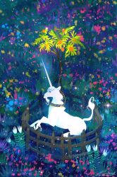 Rule 34 | animal, animal focus, collar, daisy (flower), fence, flower, grass, leash, meadow, night, original, outdoors, painterly, poppy (flower), rearing, scenery, sparkle, tree, tulip, unicorn, wooden fence, zandra