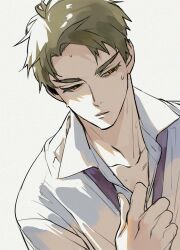 1boy arm_up brown_eyes brown_hair collared_shirt commentary_request dutch_angle grey_background haikyuu!! hand_on_another&#039;s_chest highres hk_smith_man hot male_focus narrowed_eyes necktie purple_necktie shirt short_hair simple_background solo sweat thick_eyebrows undone_collar undone_necktie upper_body ushijima_wakatoshi white_shirt wing_collar