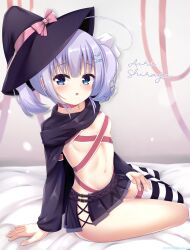 1girl amairo_islenauts arm_support ayachi_nene ayachi_nene_(cosplay) belt belt_bra black_cape black_skirt blue_eyes blue_hair blunt_bangs blush bow breasts cape character_name commentary_request company_connection cosplay detached_sleeves eyes_visible_through_hair full_body hair_ribbon hand_on_own_thigh hat hat_bow highres hip_vent ikeq indoors long_sleeves looking_at_viewer medium_hair miniskirt navel no_shoes on_bed open_mouth petite pink_belt pink_bow pleated_skirt ribbon sanoba_witch shiraga_airi single_thighhigh sitting skirt small_breasts solo stomach striped_clothes striped_thighhighs thighhighs thighs twintails white_ribbon witch witch_hat yokozuwari yuzu-soft zettai_ryouiki