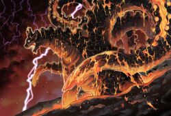 arclight_games claws drosselmeyer_(company) ears electricity embers energy fire giant giant_monster glowing glowing_eyes glowing_mouth japanese_text kaiju kaiju_on_the_earth lava lightning monster nakamichi_yudai no_humans no_pupils official_art pointy_ears purple_electricity roaring shonen_jump smoke tail tentacles volcano vulcanus_(kaiju_on_the_earth) yellow_eyes