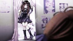 1girl aegyo_sal arm_up bandage_on_face bandages black_eyes black_shoes black_socks blunt_bangs blurry blurry_foreground brown_hair chest_bow curtains dress frilled_dress frills full_body hair_ornament highres knees_together_feet_apart long_hair looking_at_self love_angel_syndrome mirror multiple_scars non-web_source platform_heels poster_(object) purple_dress reflection reflection_focus scar scar_on_leg self-harm_scar shoes short_twintails sidelocks socks solo thigh_cutting twintails x_hair_ornament yuuna_(love_angel_syndrome)