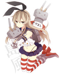 &gt;_&lt; 10s 1girl :3 :c animal_ears backpack bad_id bad_pixiv_id bag black_panties blonde_hair bow closed_eyes detached_sleeves elbow_gloves fake_animal_ears female_focus gloves grey_eyes hair_bow kantai_collection lifebuoy long_hair looking_at_viewer midriff miniskirt navel panties personification rabbit_ears rensouhou-chan school_uniform serafuku shimakaze_(kancolle) simple_background skirt solo striped_clothes striped_thighhighs swim_ring thighhighs underwear uramakaron very_long_hair white_background