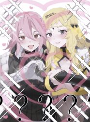 Rule 34 | 2girls, :d, absurdres, arm around shoulder, artist name, black choker, blonde hair, blush, breasts, choker, circlet, closed mouth, covered navel, fire emblem, fire emblem fates, gambeson, gloves, hair between eyes, heart hands failure, highres, long hair, looking at viewer, multiple girls, nintendo, open mouth, ophelia (fire emblem), pink hair, sakuramotikun, smile, soleil (fire emblem), thumbs up, upper body, white gloves, yuri