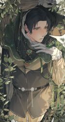 1boy arm_up belt black_belt black_hair black_hat blush branch cloak dappled_sunlight elden_ring gem gloves green_cloak green_eyes green_gemstone grey_vest hand_jewel hand_up hat highres holding holding_unworn_clothes holding_unworn_hat hood hood_up hot kharu11 leaf long_sleeves looking_to_the_side male_focus pants parted_bangs parted_lips shirt short_hair solo sorcerer_rogier sunlight sweat unworn_hat unworn_headwear vest white_background white_gloves white_pants witch_hat yellow_shirt