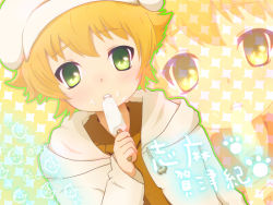 Rule 34 | 00s, 1boy, blonde hair, newsboy cap, clannad, food, green eyes, hat, hood, hoodie, male focus, pikanchu, popsicle, shima katsuki, short hair, solo, zoom layer