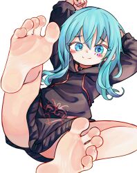 1girl barefoot black_hoodie black_skirt blue_eyes blue_hair chaosexceed closed_mouth commentary commission feet foot_focus highres hood hood_down hoodie long_hair long_sleeves looking_at_viewer original paid_reward_available pixiv_commission simple_background skirt smile soles solo toes white_background