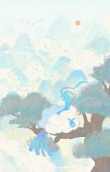 Rule 34 | altaria, artist name, beanynne, bird, bird tail, cloud, commentary, english commentary, evolutionary line, flying, gen 3 pokemon, highres, legendary pokemon, mountain, nintendo, pokemon, pokemon (creature), rayquaza, sitting on branch, sun, swablu, tail, tree, twitter username