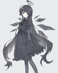 1girl arknights black_dress black_eyes black_gloves black_hair black_halo black_pantyhose bright_pupils broken_halo commentary dress ebi_(pebikyoukai) frown gloves grey_background halo highres long_hair looking_back pantyhose puffy_sleeves simple_background solo very_long_hair virtuosa_(arknights) white_pupils wings