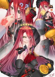 1boy 1girl ? ?? @_@ armor armored_dress asobeco bare_shoulders black_armor black_dress black_eyes black_gloves black_hat black_thighhighs blush bonnet breasts bucket claws command_spell dress eating elbow_gloves fate/grand_order fate_(series) faulds finger_in_another&#039;s_mouth fujimaru_ritsuka_(male) gauntlets gloves hair_between_eyes hat heterochromia highres holy_grail_(fate) long_hair looking_at_viewer multiple_views navel nude open_mouth red_hair small_breasts tearing_up thighhighs thighs translation_request typhon_ephemeros_(fate) unworn_dress very_long_hair yellow_eyes