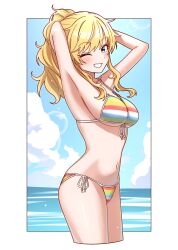 1girl armpits bare_shoulders bikini blonde_hair blue_eyes blush breasts cleavage collarbone cowboy_shot feet_out_of_frame front-tie_bikini_top front-tie_top highres idolmaster idolmaster_cinderella_girls long_hair looking_at_viewer medium_breasts navel niban_(puka_0507) ocean ohtsuki_yui one_eye_closed ponytail rainbow_bikini side-tie_bikini_bottom smile solo swimsuit thighs wavy_hair wavy_sidelocks