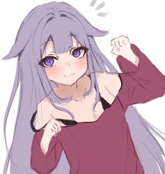 1girl :3 absurdres casual collarbone hair_flaps highres hololive hololive_english koseki_bijou long_hair looking_at_viewer lucien_000298 off_shoulder paw_pose purple_eyes sketch solo strap_slip