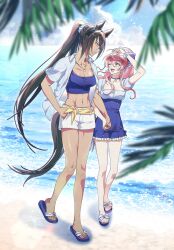 2girls :d ;d adversarial_noise animal_ears beach black_hair black_tail blue_eyes blue_shirt blurry blurry_foreground blush breasts cleavage collared_shirt commentary comore_juna_(murangee) couple crop_top cropped_shirt dark-skinned_female dark_skin dress_shirt ear_ornament english_commentary female_trainer_(umamusume) flip-flops full_body hair_ornament hair_scrunchie hand_in_pocket hand_up heart heart_hair_ornament heart_pendant height_difference highres holding_hands horse_ears horse_girl horse_tail long_hair looking_at_another midriff mixed-language_commentary multiple_girls murangee navel oc_x_canon one_eye_closed open_clothes open_mouth open_shirt original outdoors pendant_choker pink_hair ponytail sandals scrunchie shirt short_sleeves shorts smile symboli_kris_s_(umamusume) tail trainer_(umamusume) umamusume very_long_hair white_shorts wrist_scrunchie yellow_eyes yuri