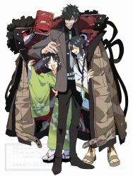 1boy 1girl 1other ahoge androgynous belt black_hair black_pants black_shirt black_shoes braid braided_hair_rings brown_coat chest_harness closed_eyes coat coat_on_shoulders collared_shirt crimson_codex_(fate) fate/grand_order fate/samurai_remnant fate_(series) formal_clothes full_body fur-trimmed_coat fur_trim green_kimono grey_jacket grey_suit grin hair_intakes hair_over_one_eye hair_rings harness highres jacket japanese_clothes jewelry kimono lapels long_braid long_sleeves low_ponytail miyamoto_iori_(celebratory_attire)_(fate) miyamoto_iori_(fate) necklace necktie notched_lapels ogasawara_kaya open_mouth overcoat pants pirohi_(pirohi214) ponytail print_kimono sandals shirt shoes sidelocks simple_background single_braid smile suit sweat white_background white_belt white_necktie wide_sleeves yamato_takeru_(fate)