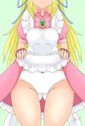 1girl absurdres apron blonde_hair blush clothes_lift commission dress dress_lift eyes_out_of_frame gloves head_out_of_frame highres lifting_own_clothes lilith_aileron long_hair panties pink_dress ribbon short_hair shu~~n simple_background skirt skirt_lift smile solo tales_of_(series) tales_of_destiny underwear very_short_hair white_background white_panties