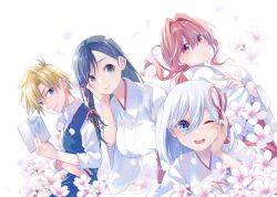 1boy 3girls amagami-san_chi_no_enmusubi amagami_asahi amagami_yae amagami_yuna blonde_hair blue_hair blue_sweater_vest book commentary_request flower green_eyes hair_intakes hair_ribbon hakama holding holding_book japanese_clothes kamihate_uryuu kimono long_hair looking_at_viewer marcey miko multiple_girls one_eye_closed pink_eyes pink_hair red_hakama red_ribbon ribbon second-party_source shirt short_hair signature sweater_vest white_flower white_hair white_kimono white_shirt