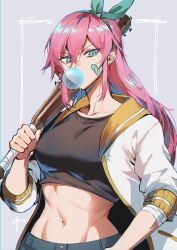 Rule 34 | 1boy, abs, absurdres, aubrey (faraway) (omori), aubrey (omori), bandaid, bandaid on face, blowing bubble gum, blue eyes, blue hairband, blue skirt, breasts, chewing gum, collarbone, crop top, denim, denim skirt, ear piercing, hairband, highres, jacket, kazuya (kozun), large breasts, long sleeves, looking at viewer, navel, omori, piercing, pink hair, skirt, solo, toned, toned female, white jacket