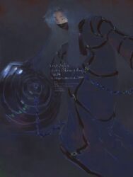 1girl angela_(project_moon) ascot belt black_ascot blue_coat blue_hair chain coat e.g.o_(project_moon) full_body grey_background highres library_of_ruina long_sleeves looking_at_viewer mownai1648 parted_bangs project_moon regret_(e.g.o) simple_background solo standing straitjacket too_many too_many_belts yellow_eyes