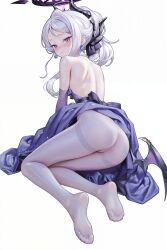 1girl absurdres ass blue_archive blush dress feet highres hina_(blue_archive) hina_(dress)_(blue_archive) loli long_hair looking_at_viewer looking_back pantyhose ponytail purple_eyes soles toes white_hair yanagi_(yan-agi)