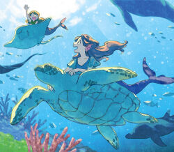 2girls animal brown_hair closed_eyes fins fish fish_tail mermaid monaka_(siromona) monster_girl multiple_girls open_mouth original smile stingray sunlight tail turtle underwater water whale