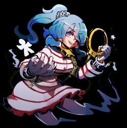 1girl blue_eyes blue_hair chain cuffs full_body ghost_tail gloves grin hair_ornament hair_tubes iganashi1 long_hair long_sleeves miyadeguchi_mizuchi ponytail shackles sharp_teeth shirt sidelocks skirt skull_hair_ornament smile solo striped_clothes striped_shirt striped_skirt teeth touhou white_gloves white_shirt white_skirt